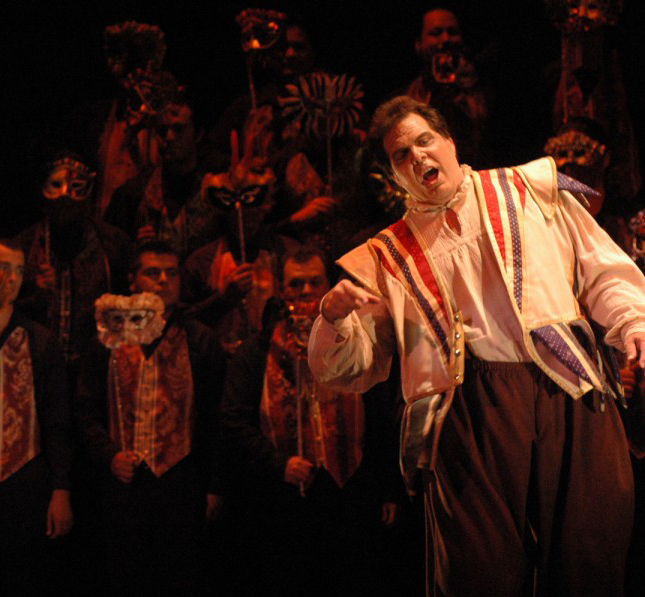 Lawrence "Larry" Harris performing "Rigoletto". He made his debut in Mexico in November 2009 in the title role of "Rigoletto" at both the Teatro Pablo de Villavicencio and the Teatro Angela Peralta.