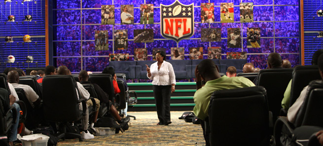 Rookies at the 2008 symposium listened to Money Magazine editor Sheryl Tucker talk about staying on top of finances. Ben Liebenberg / NFL.com